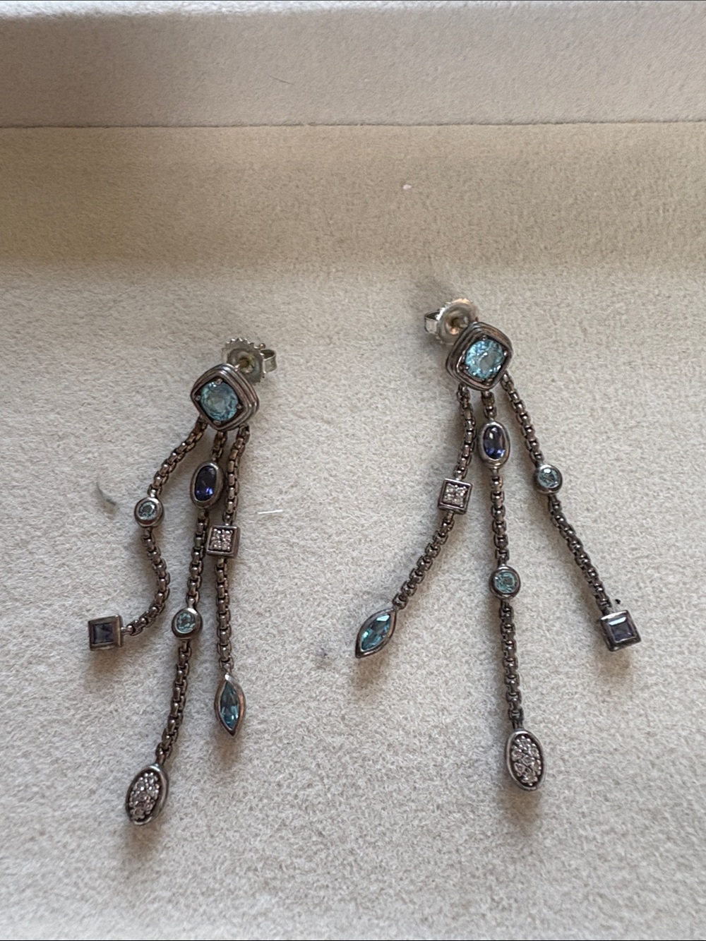 David Yurman Silver Earrings with Blue and Aqua Gem Drops